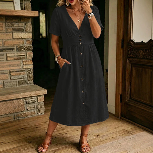 Robe Midi Verte à Boutons avec Décolleté en V et Taille Cintrée Élégante