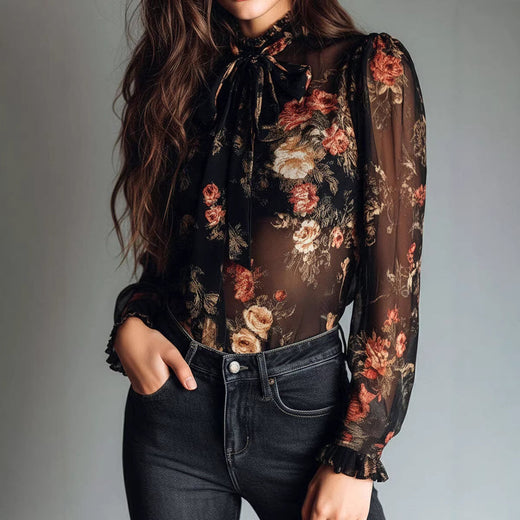 Chemise à col transparent à imprimé floral pour femme
