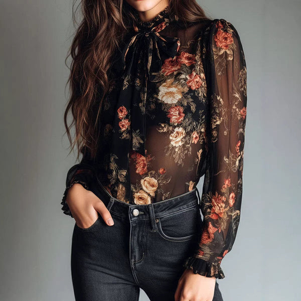 Chemise à col transparent à imprimé floral pour femme