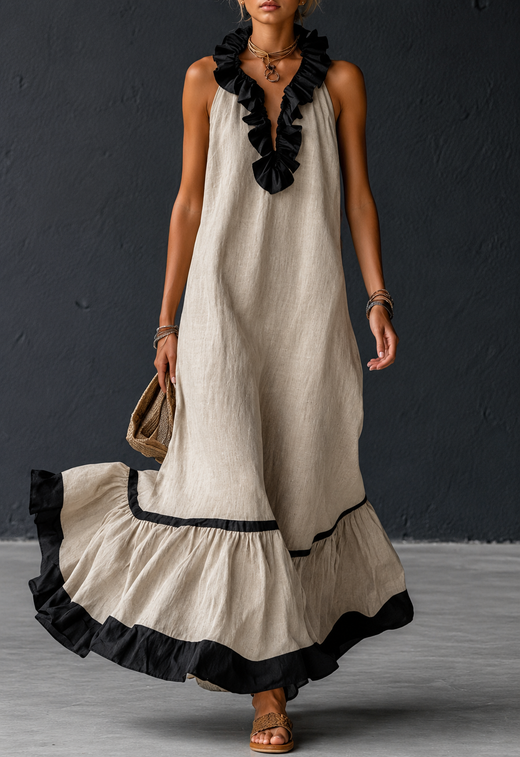 Robe Longue Fluide à Volants Chic