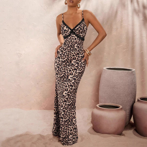 Robe nuisette sexy Longue Léopard Élégante à Bretelles Fines